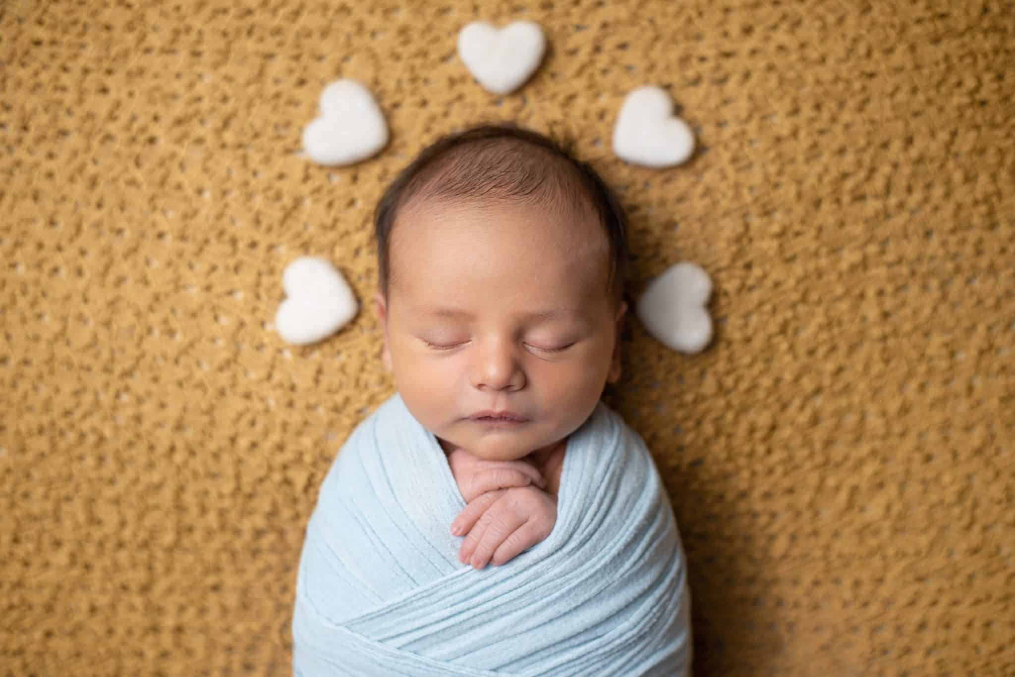 Fine art newborn photography Toronto – artistic overhead pose of newborn in curled position