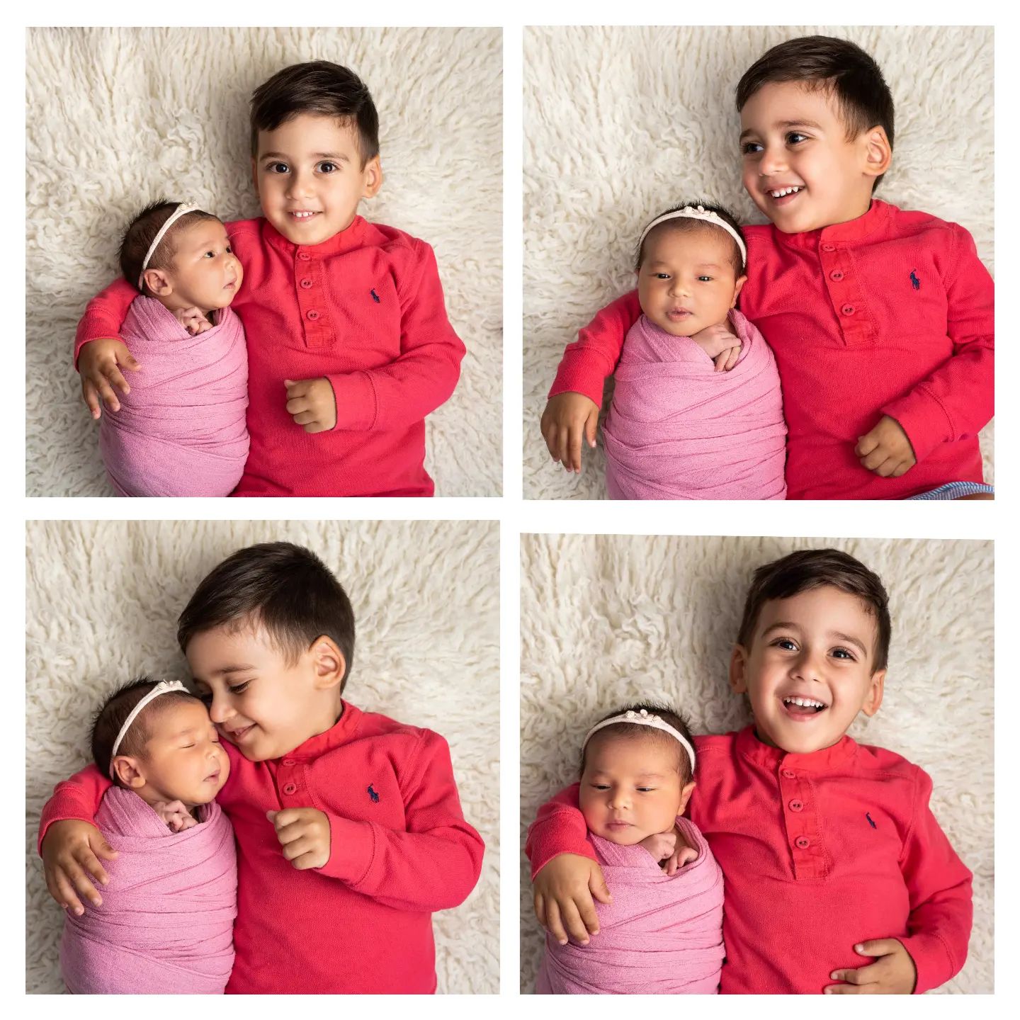 Newborn photography Toronto – siblings portrait in matching red outfits during family photo session
