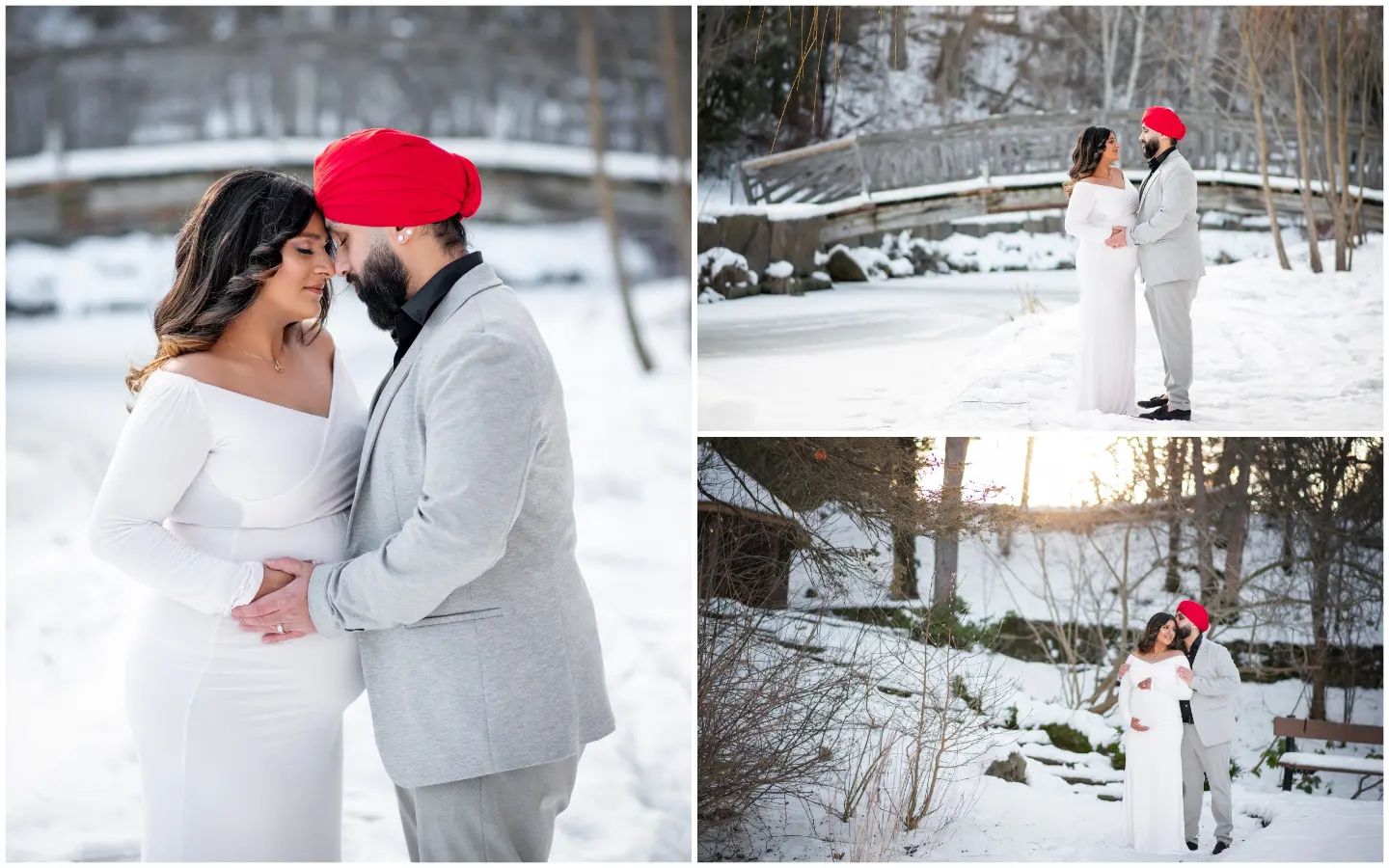 A collage of a winter pregnancy photoshoot in Vaughan, showcasing a couple in elegant white and grey attire in a snowy park.