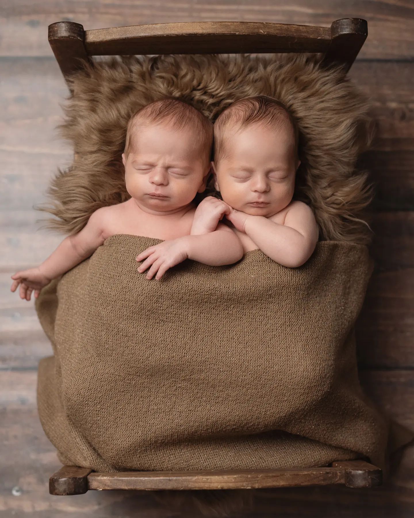 Newborn photography Toronto – twin newborn babies posed together in cozy neutral studio setup